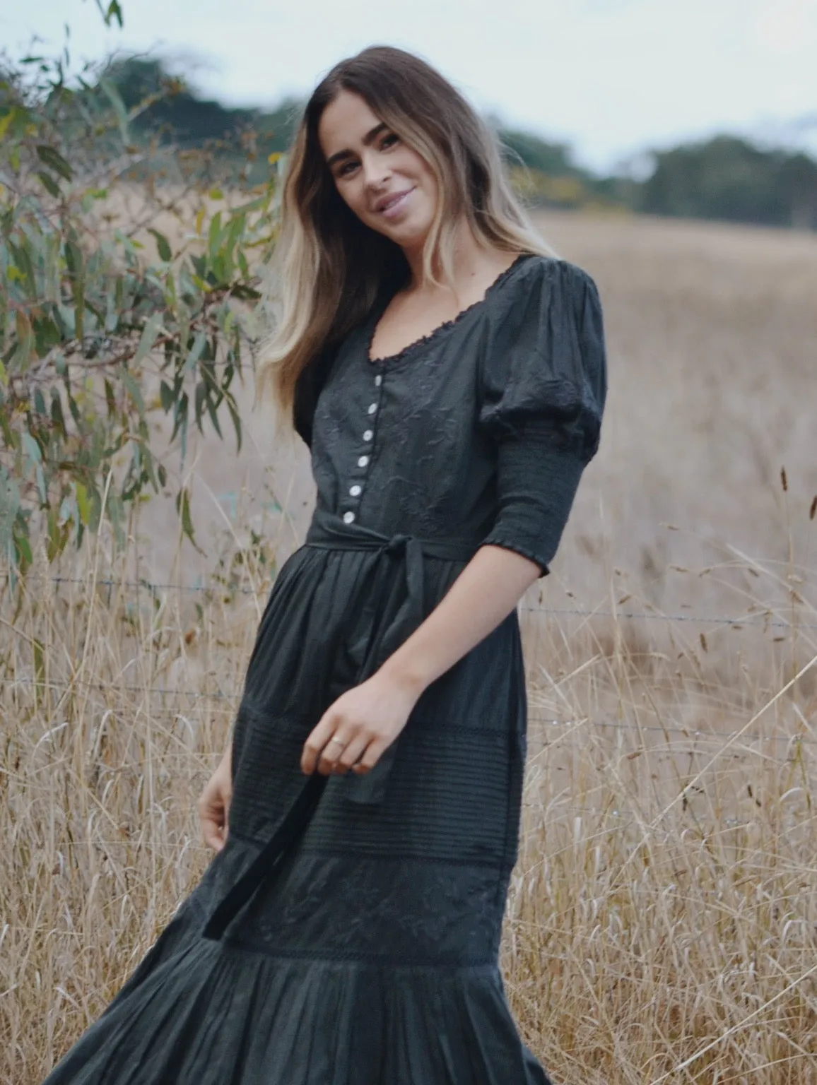 100% RECYCLED COTTON - AUGUSTINE MAXI DRESS WASHED BLACK