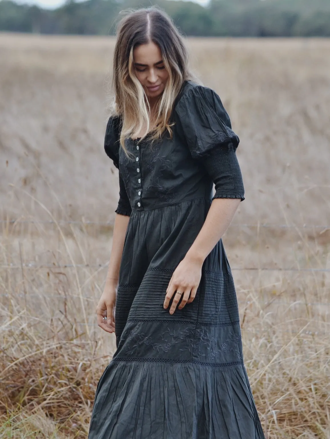 100% RECYCLED COTTON - AUGUSTINE MAXI DRESS WASHED BLACK