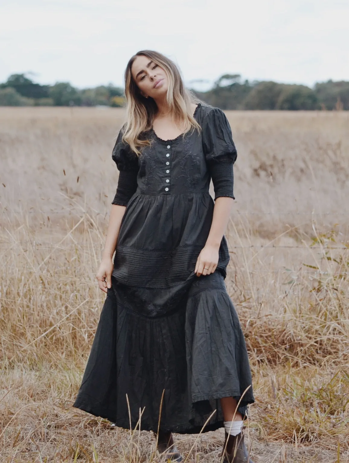 100% RECYCLED COTTON - AUGUSTINE MAXI DRESS WASHED BLACK