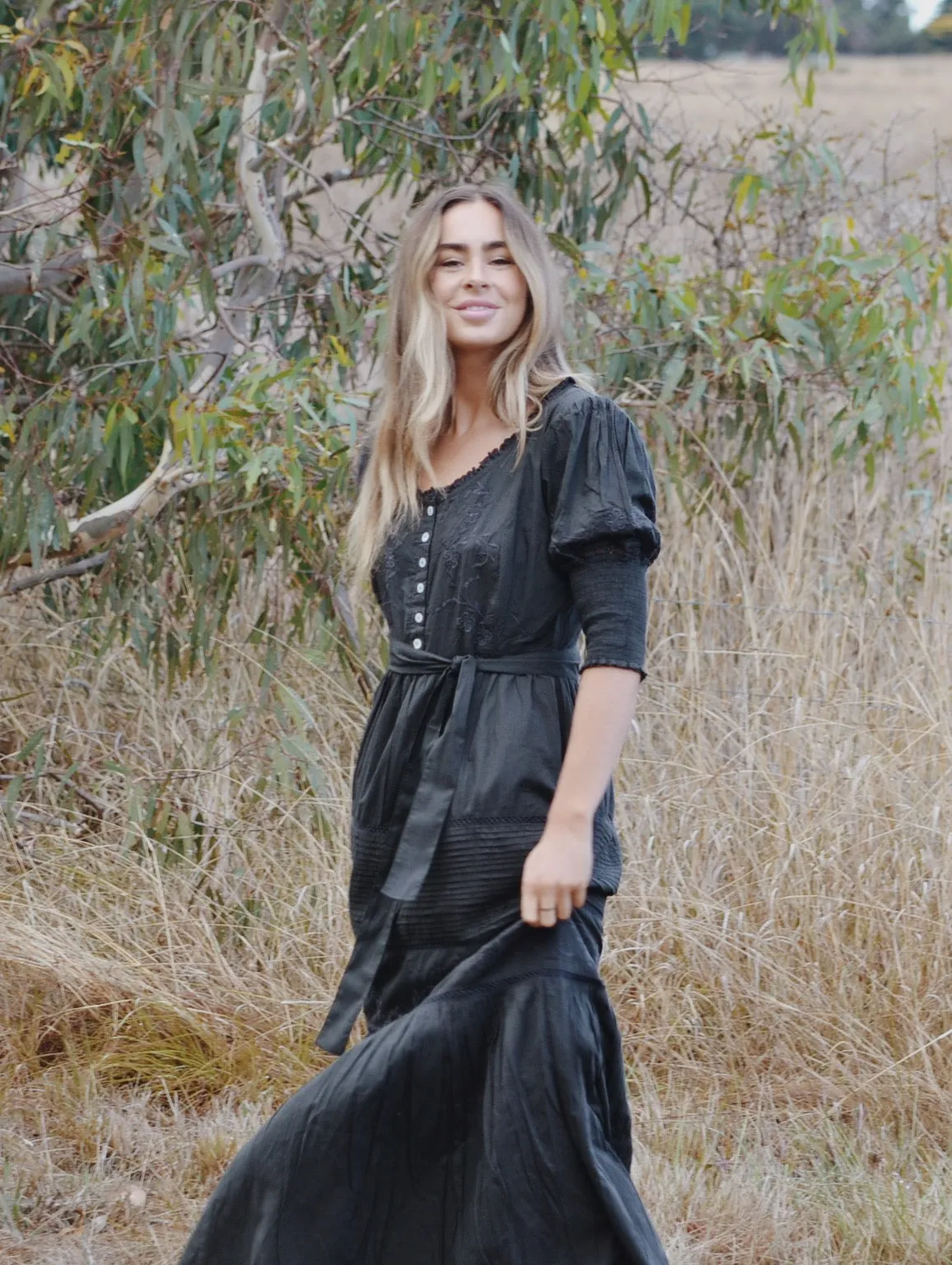 100% RECYCLED COTTON - AUGUSTINE MAXI DRESS WASHED BLACK
