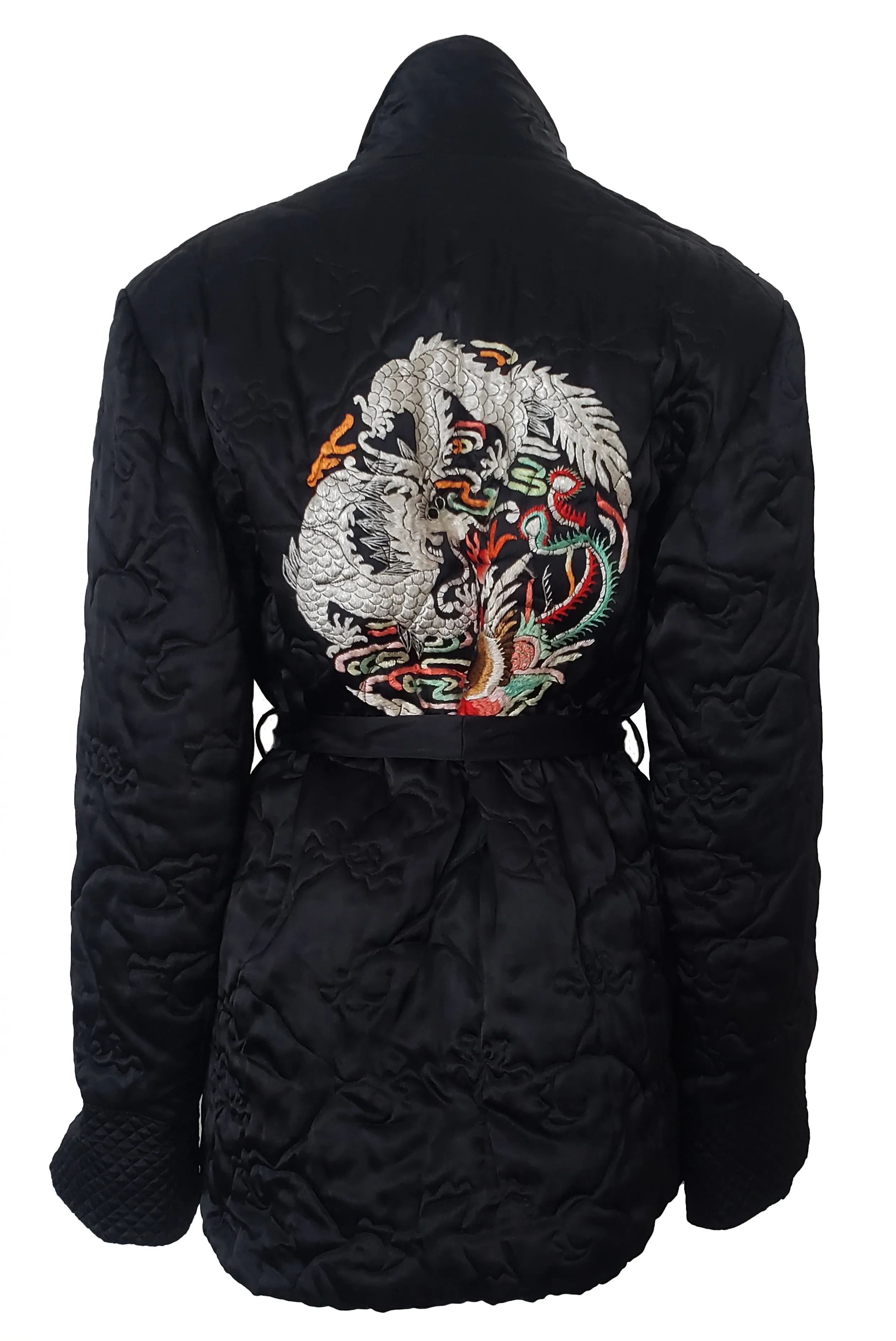 1940s Vintage Quilted Black Satin Asian Embroidered Loungewear Jacket, Medium to Large