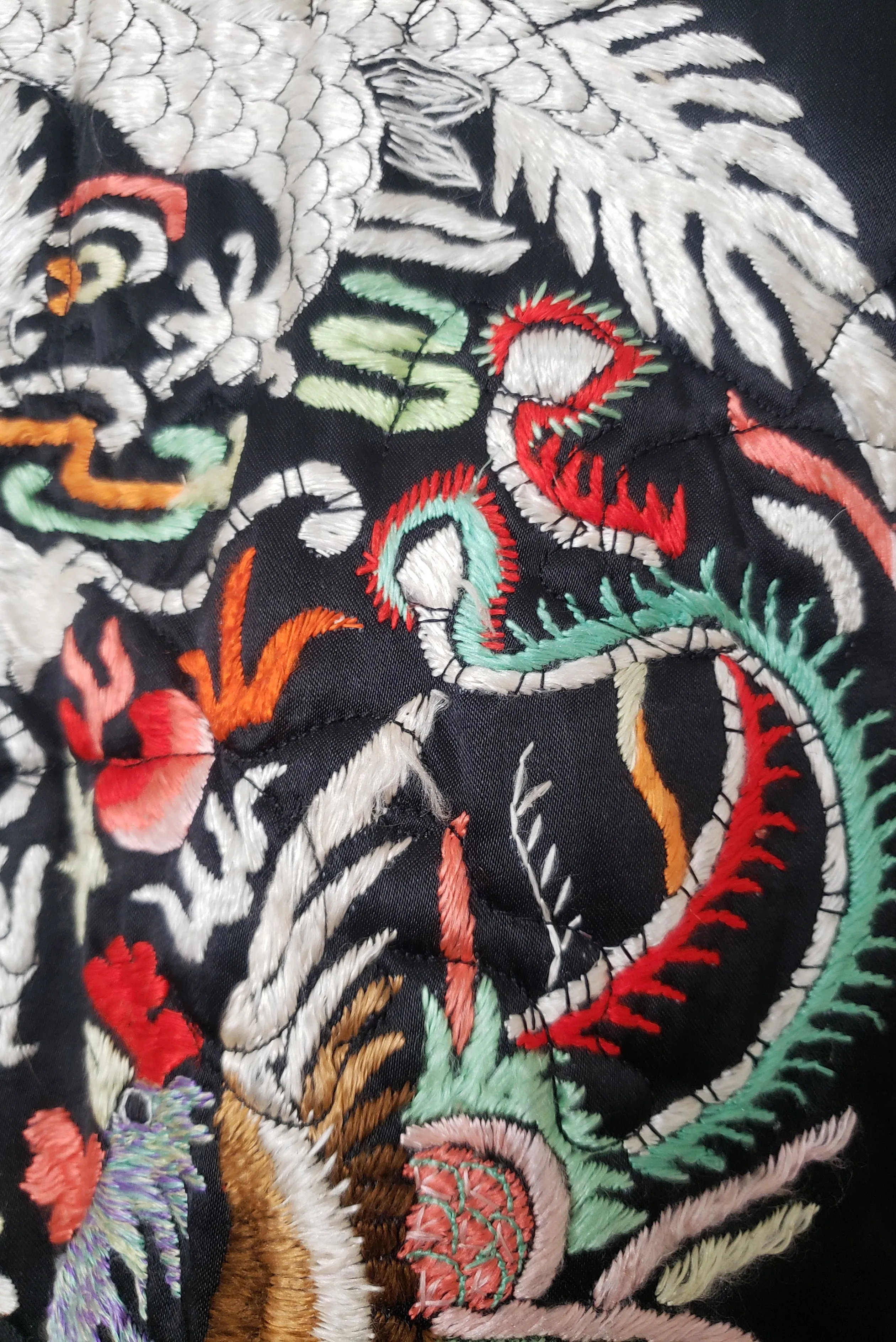 1940s Vintage Quilted Black Satin Asian Embroidered Loungewear Jacket, Medium to Large