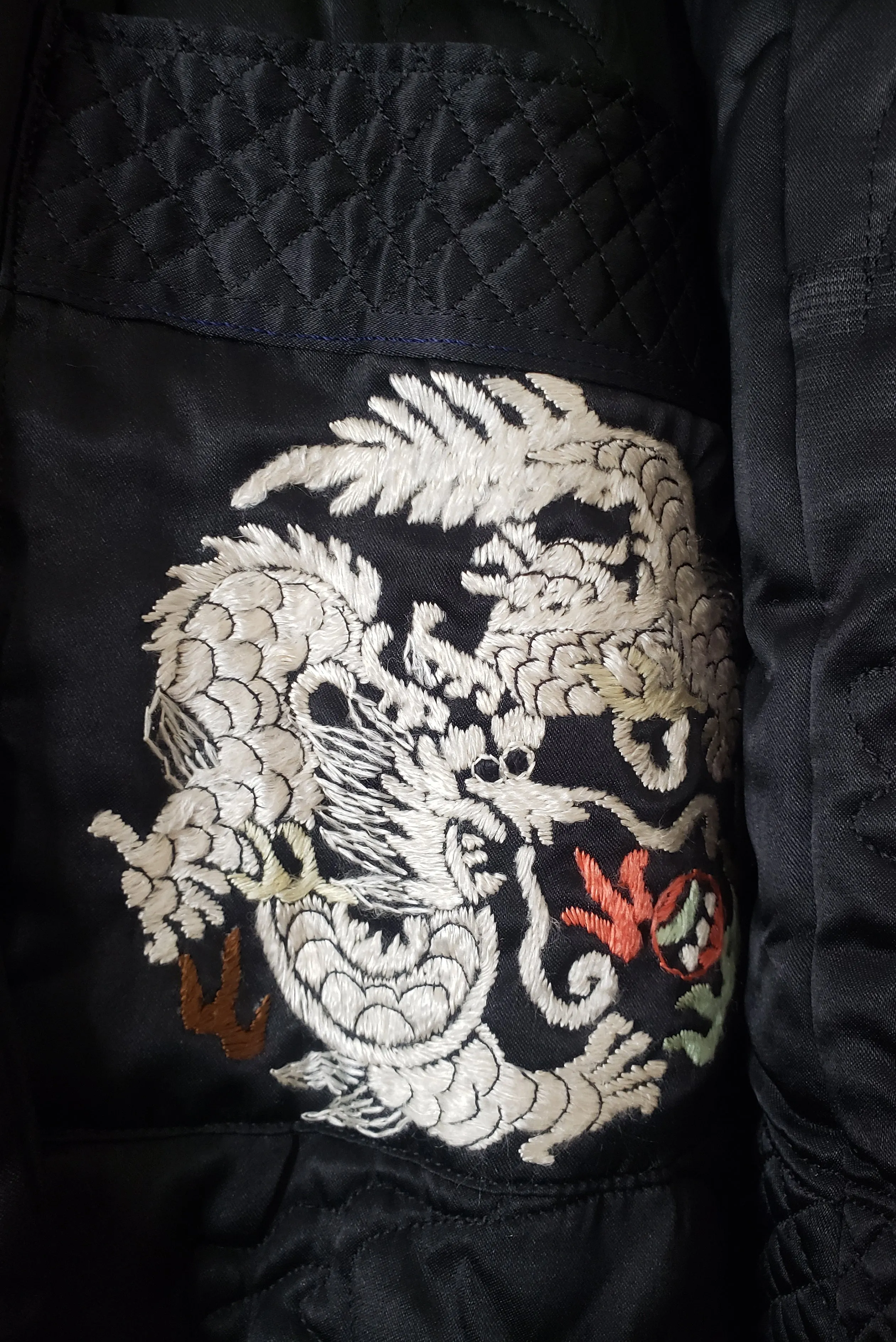 1940s Vintage Quilted Black Satin Asian Embroidered Loungewear Jacket, Medium to Large