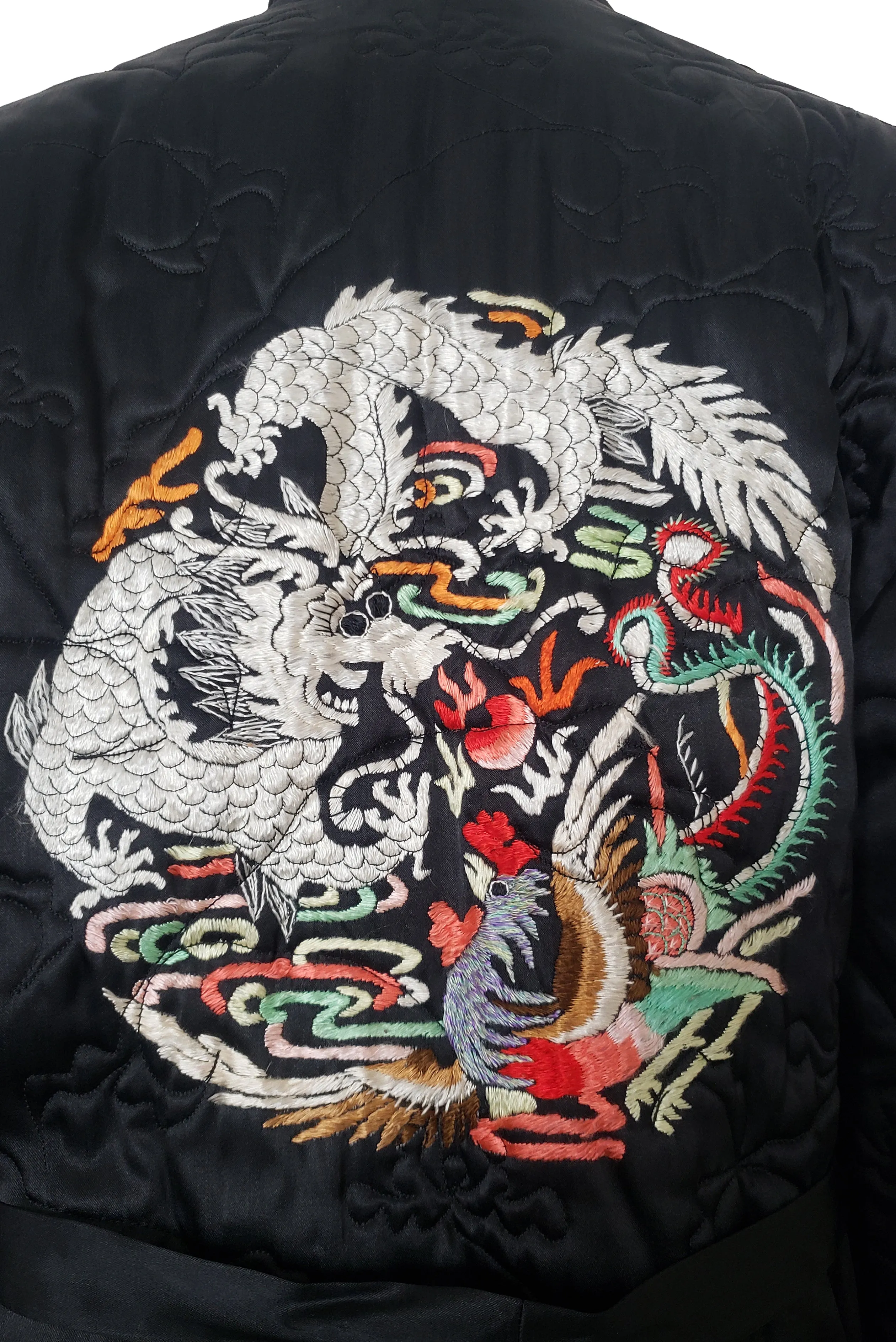 1940s Vintage Quilted Black Satin Asian Embroidered Loungewear Jacket, Medium to Large