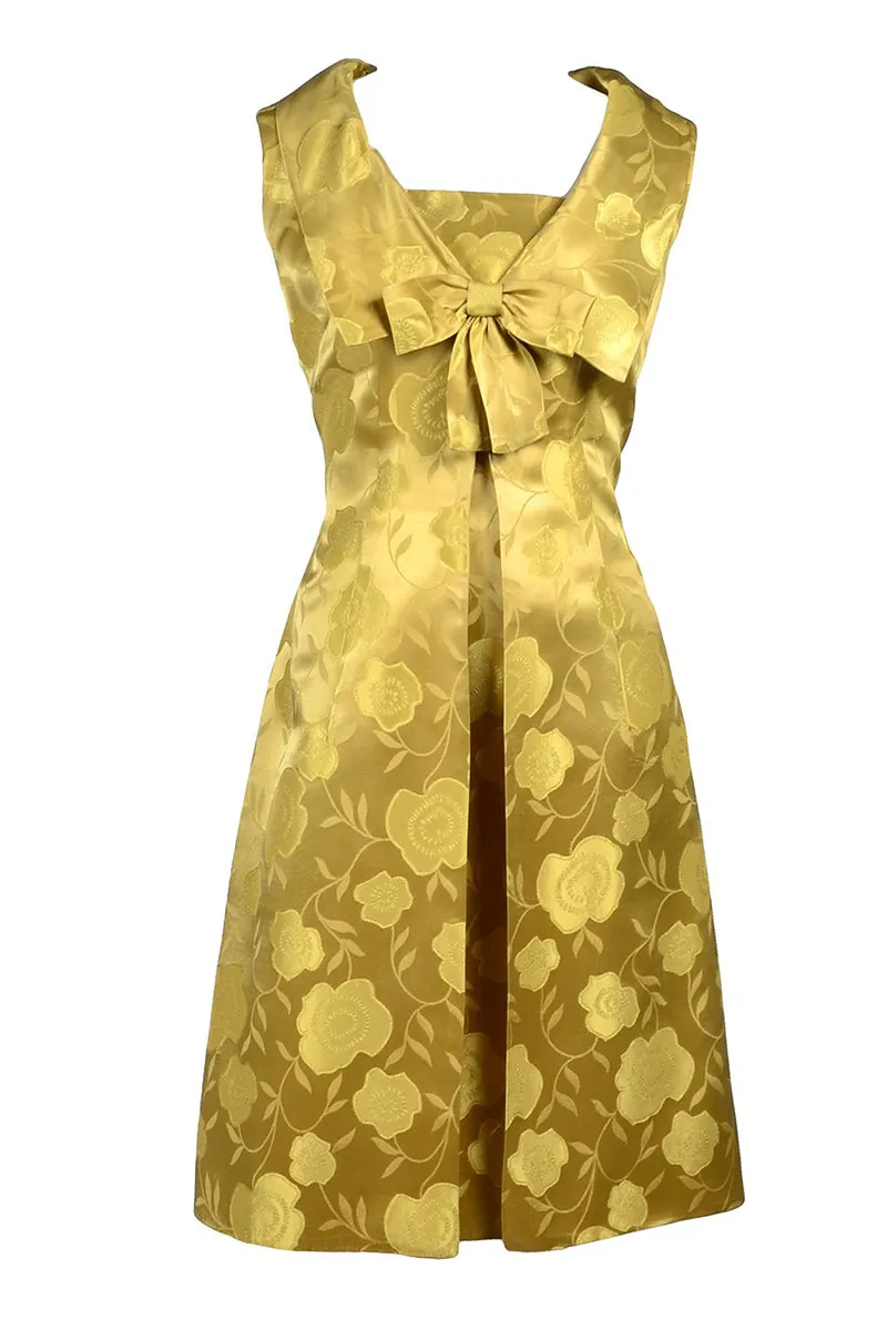 1960s Vintage Dress In Gold Floral Satin With Sleeveless Jacket