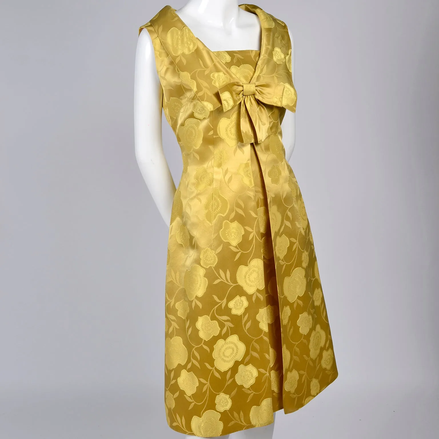 1960s Vintage Dress In Gold Floral Satin With Sleeveless Jacket