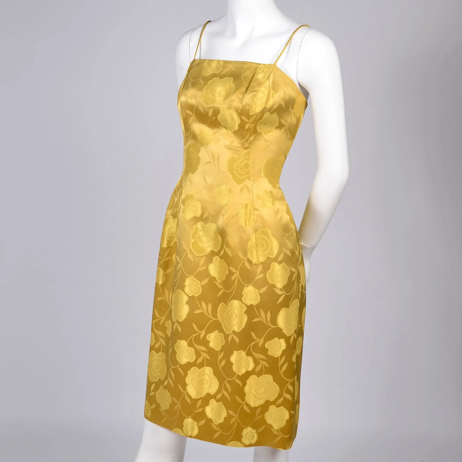 1960s Vintage Dress In Gold Floral Satin With Sleeveless Jacket