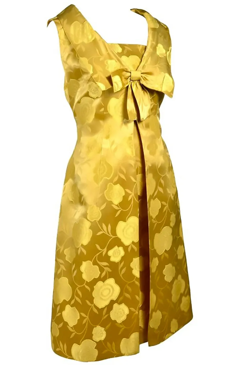 1960s Vintage Dress In Gold Floral Satin With Sleeveless Jacket