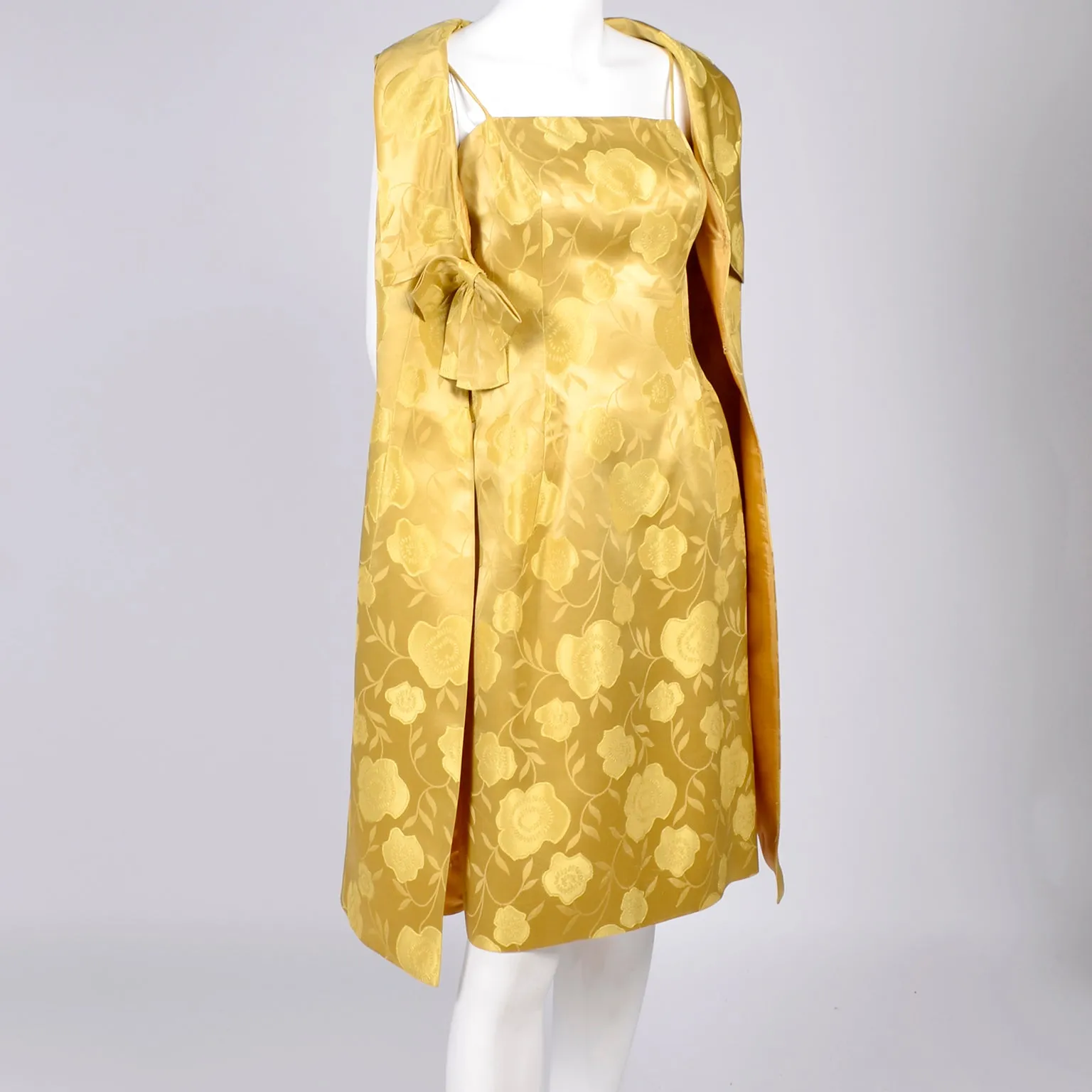 1960s Vintage Dress In Gold Floral Satin With Sleeveless Jacket