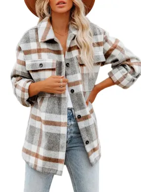 Beaully Women's Brushed Plaid Shirts Long Sleeve Flannel Lapel Button Down Pocketed Shacket Jacket Coats 6017 Khaki Large