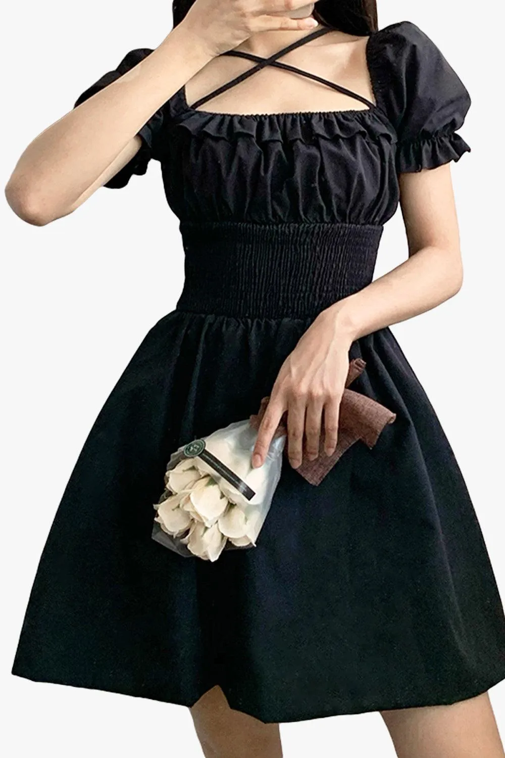 Black Square Neck Lace Hepburn Dress