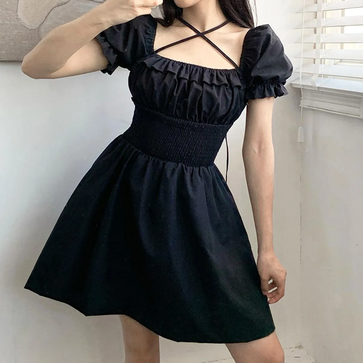 Black Square Neck Lace Hepburn Dress