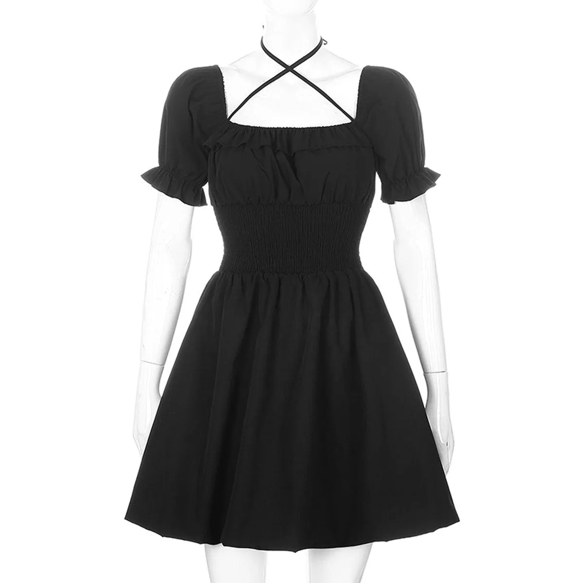 Black Square Neck Lace Hepburn Dress