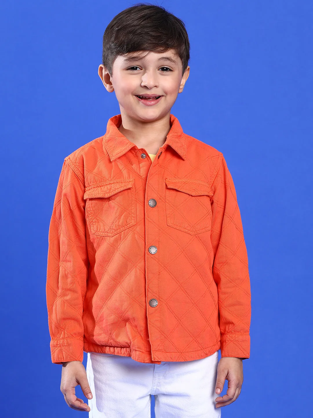 Boys Orange Cotton Solid Shacket