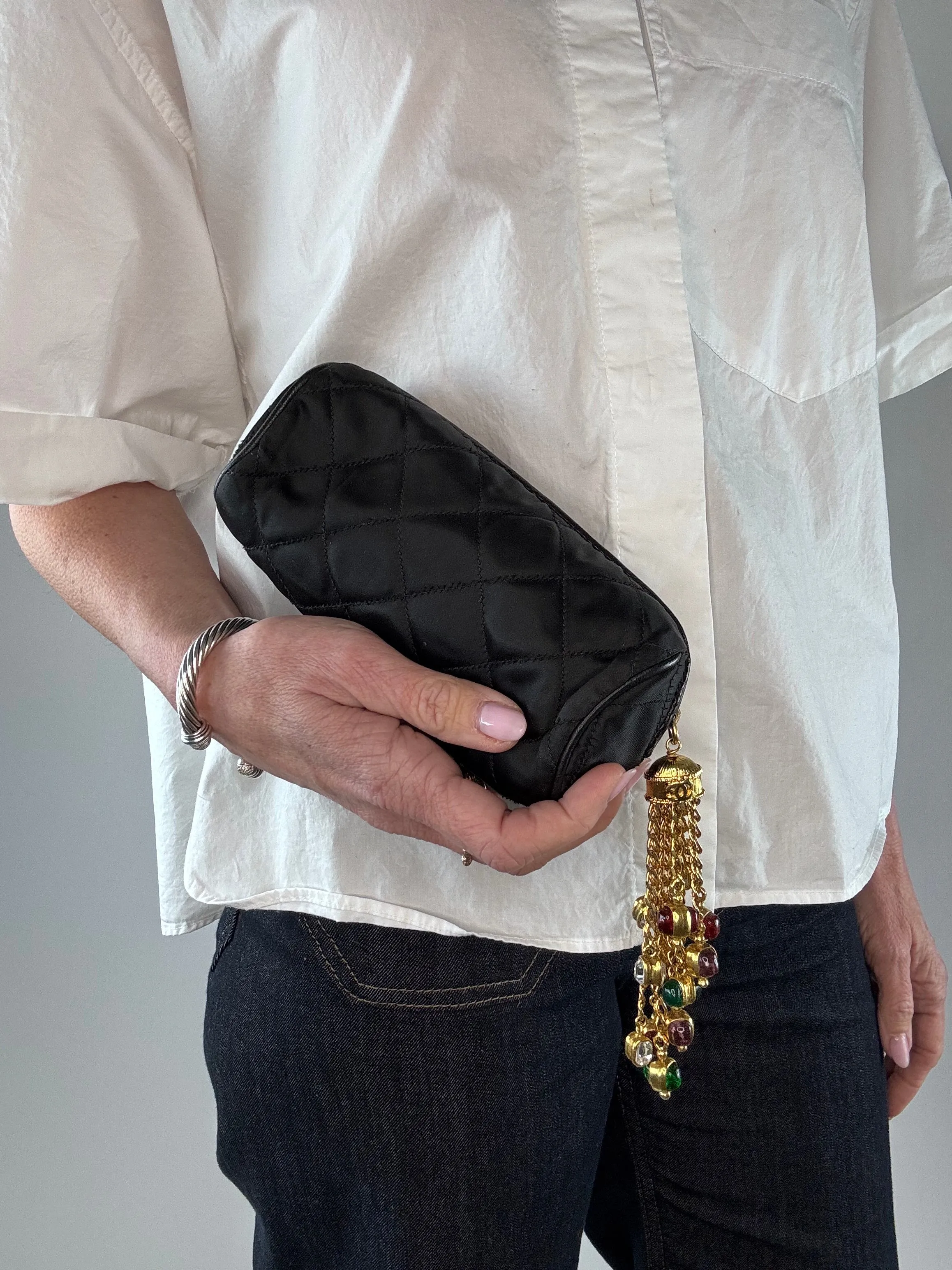 Chanel Rare Gripoix Black Satin Tassel Zip Clutch Bag