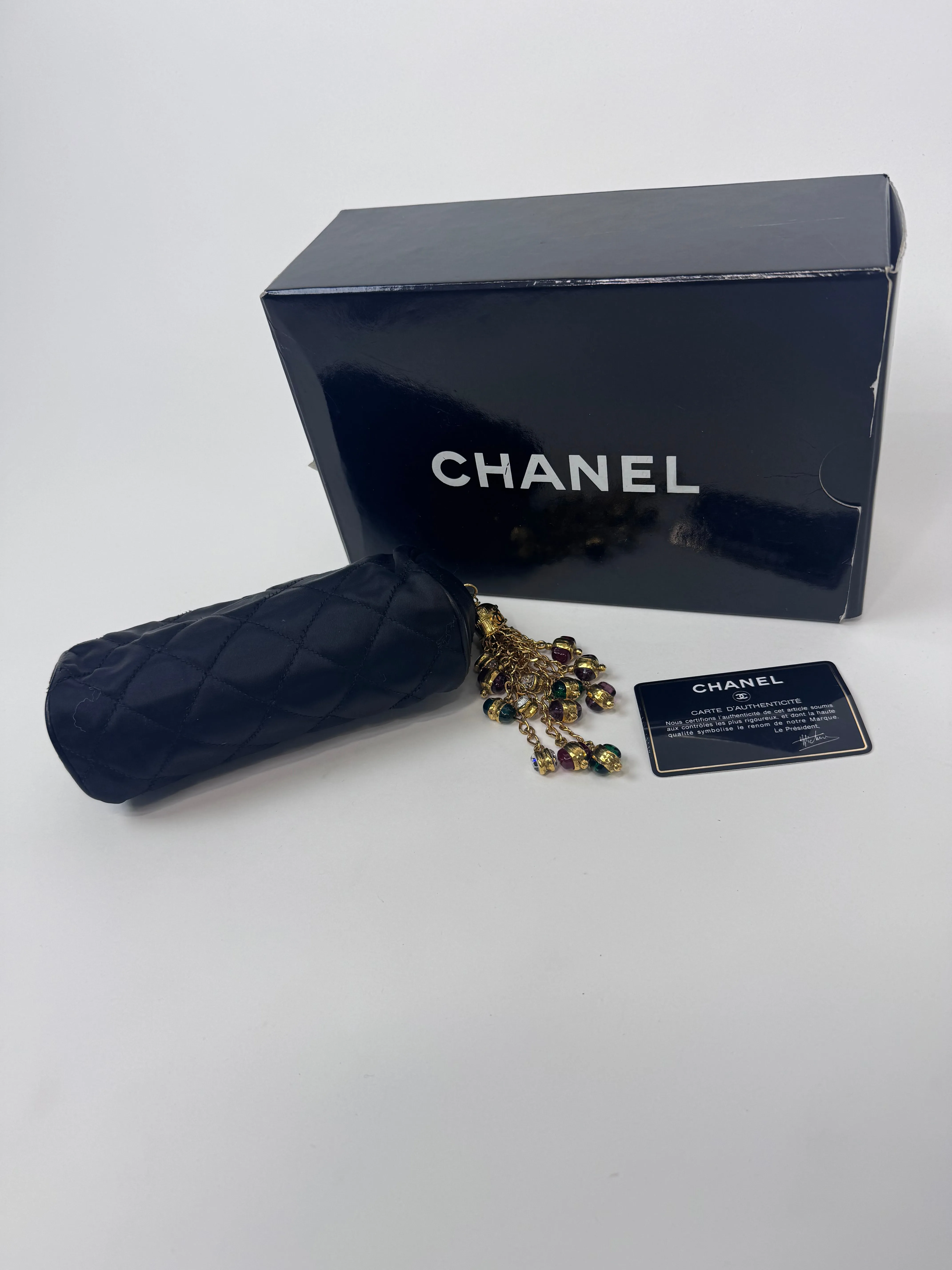 Chanel Rare Gripoix Black Satin Tassel Zip Clutch Bag
