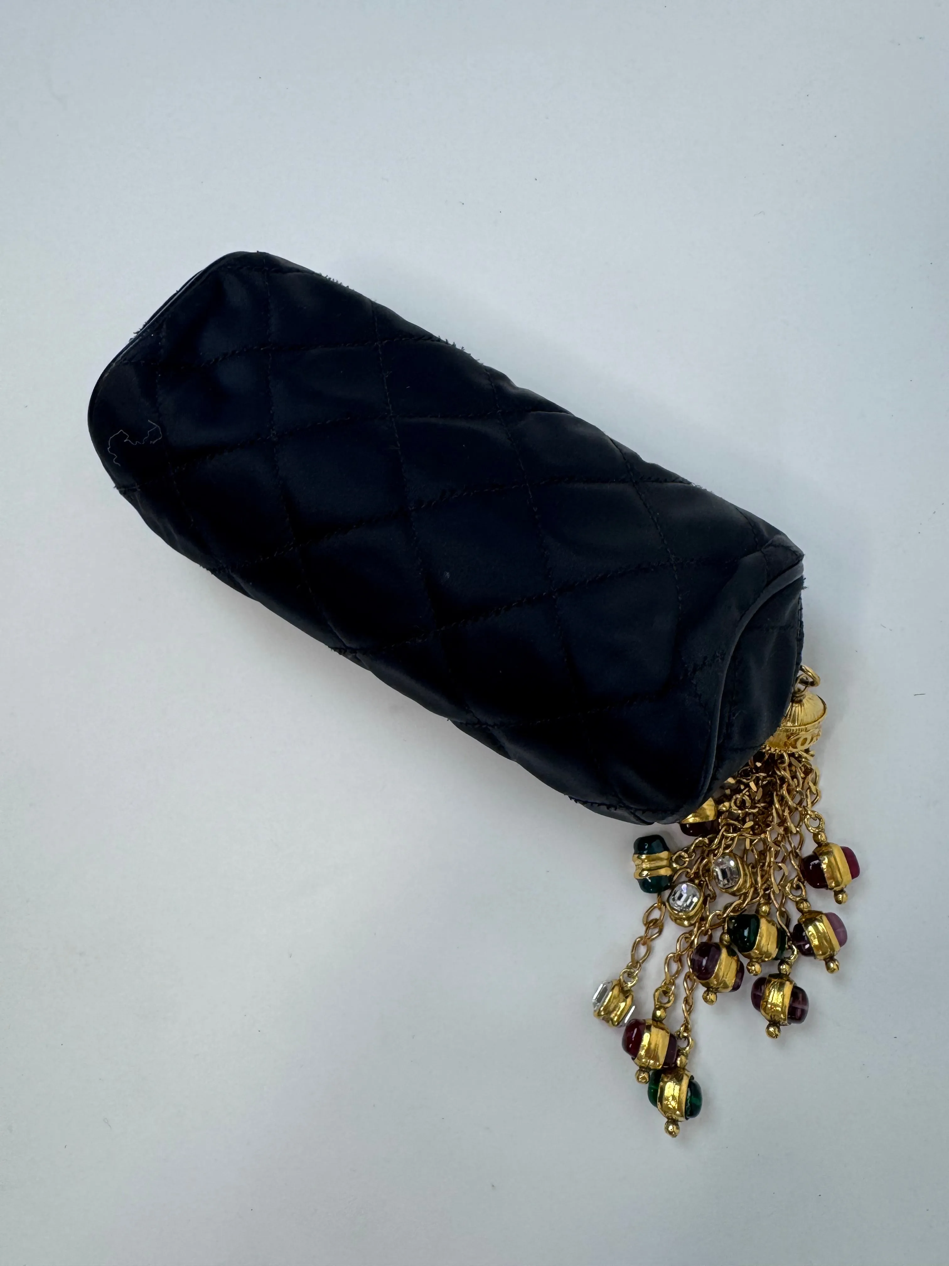 Chanel Rare Gripoix Black Satin Tassel Zip Clutch Bag