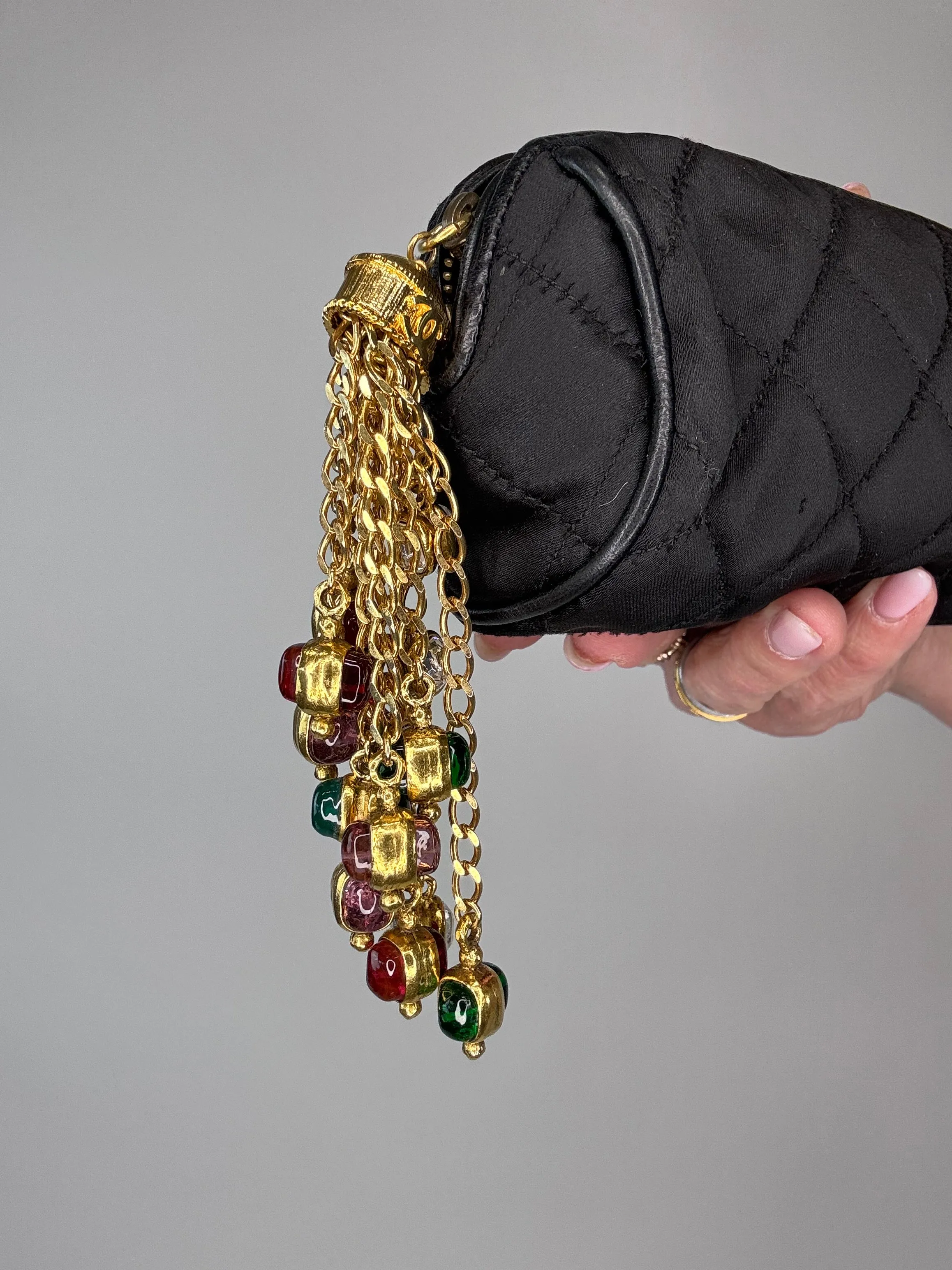 Chanel Rare Gripoix Black Satin Tassel Zip Clutch Bag