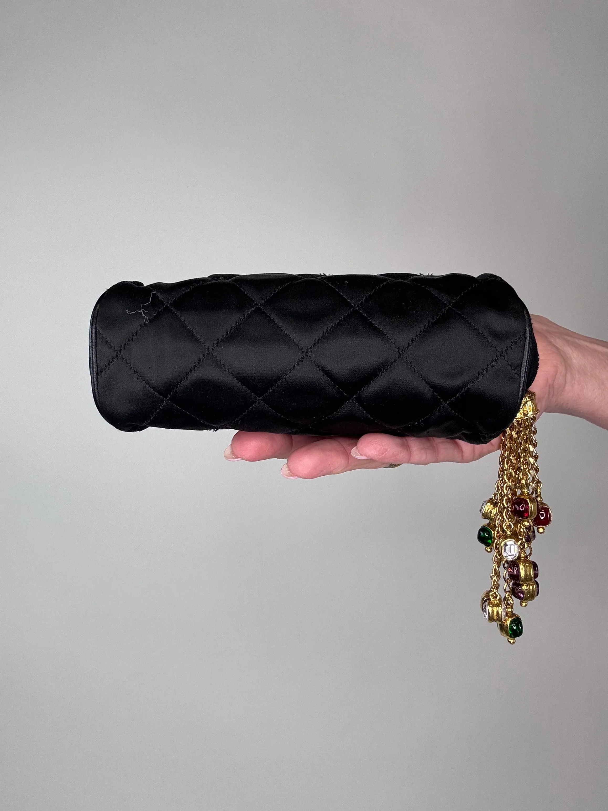 Chanel Rare Gripoix Black Satin Tassel Zip Clutch Bag