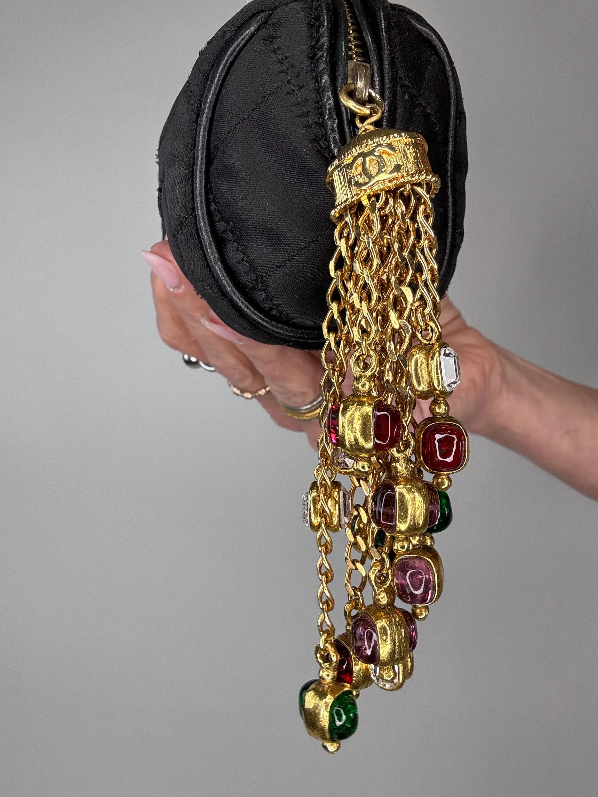 Chanel Rare Gripoix Black Satin Tassel Zip Clutch Bag
