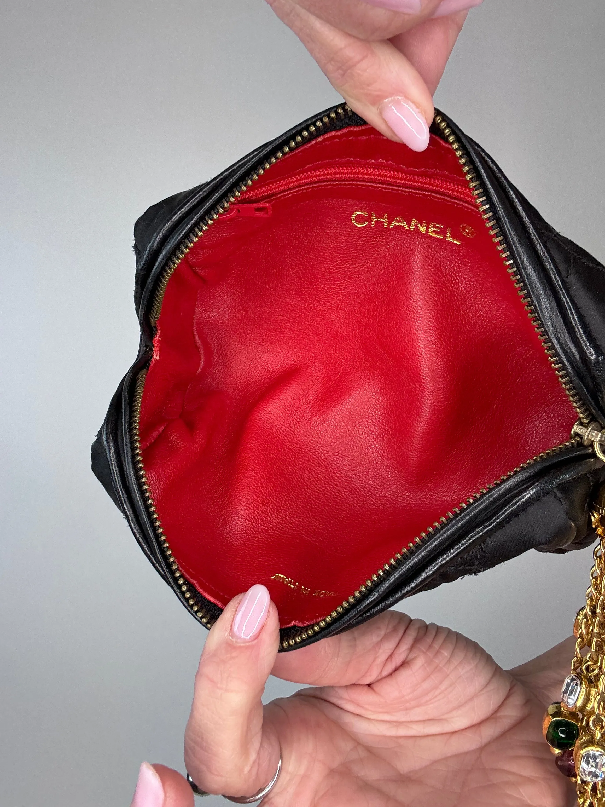 Chanel Rare Gripoix Black Satin Tassel Zip Clutch Bag