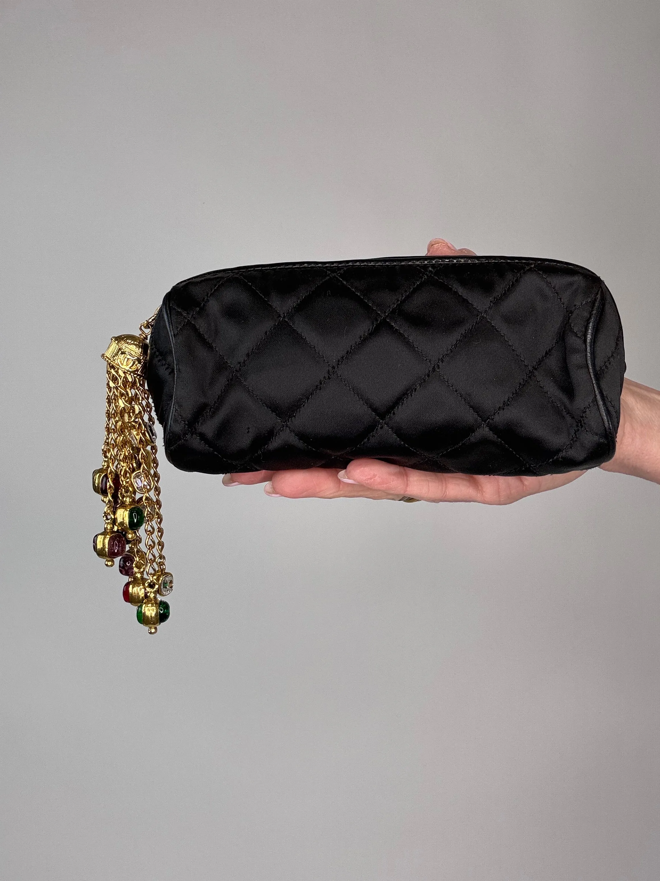 Chanel Rare Gripoix Black Satin Tassel Zip Clutch Bag