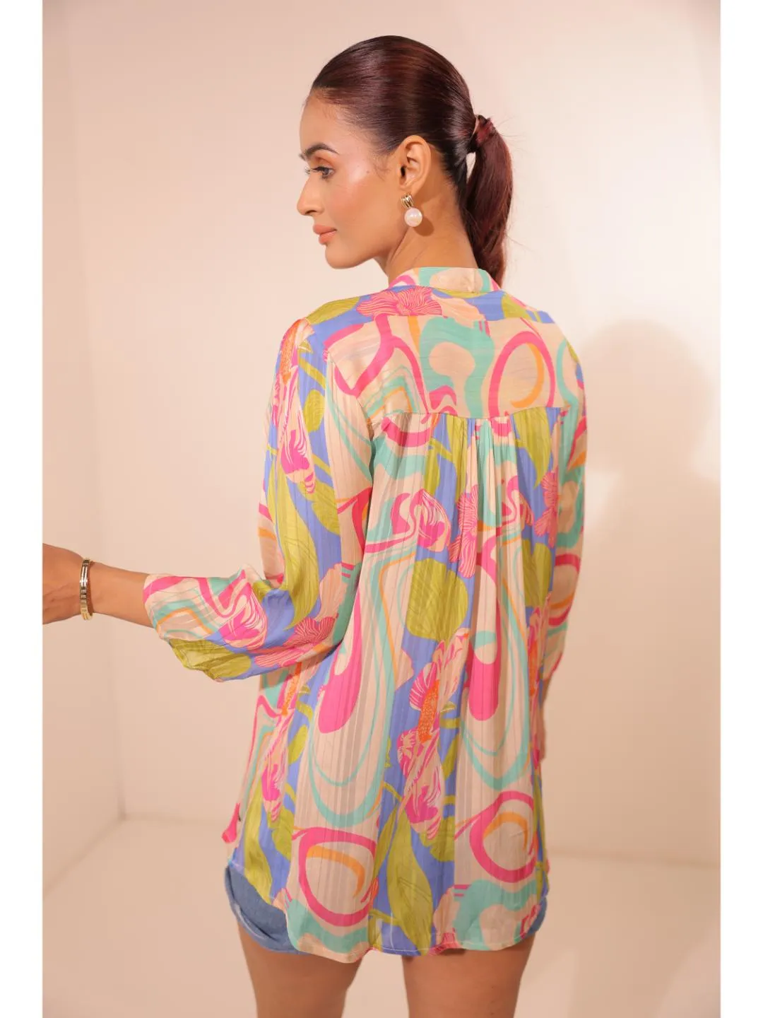 cheerful  viscose dobby stripped abstact printed mandarin collar string, A-Line hand embellished top with three-forth sleeve. - Multi