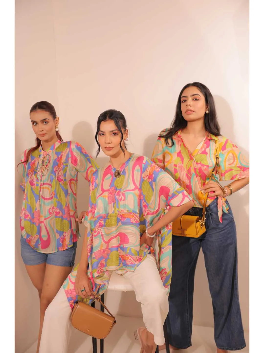 cheerful  viscose dobby stripped abstact printed mandarin collar string, A-Line hand embellished top with three-forth sleeve. - Multi