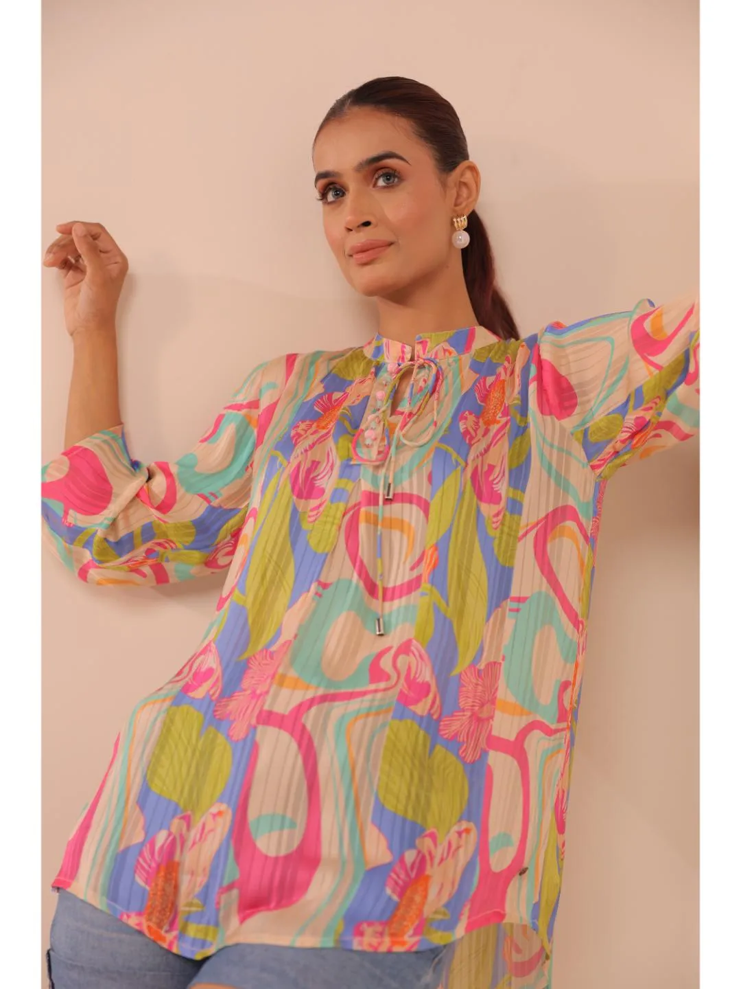 cheerful  viscose dobby stripped abstact printed mandarin collar string, A-Line hand embellished top with three-forth sleeve. - Multi