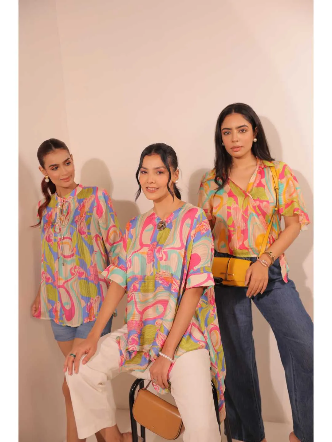 cheerful  viscose dobby stripped abstact printed mandarin collar string, A-Line hand embellished top with three-forth sleeve. - Multi
