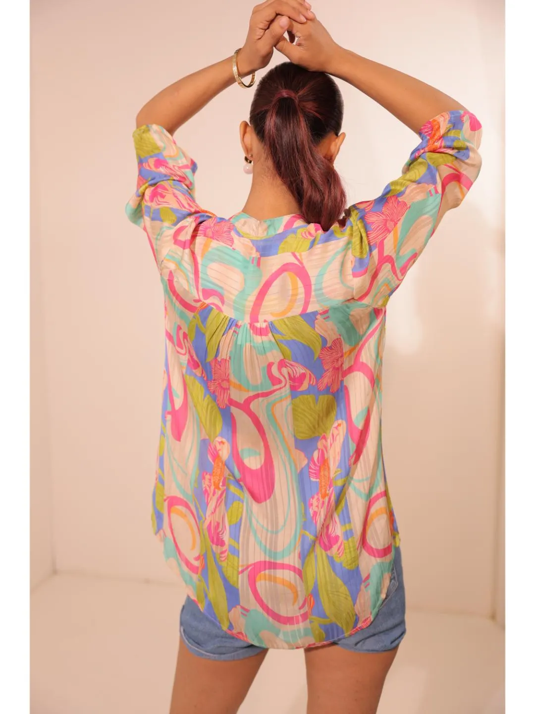 cheerful  viscose dobby stripped abstact printed mandarin collar string, A-Line hand embellished top with three-forth sleeve. - Multi