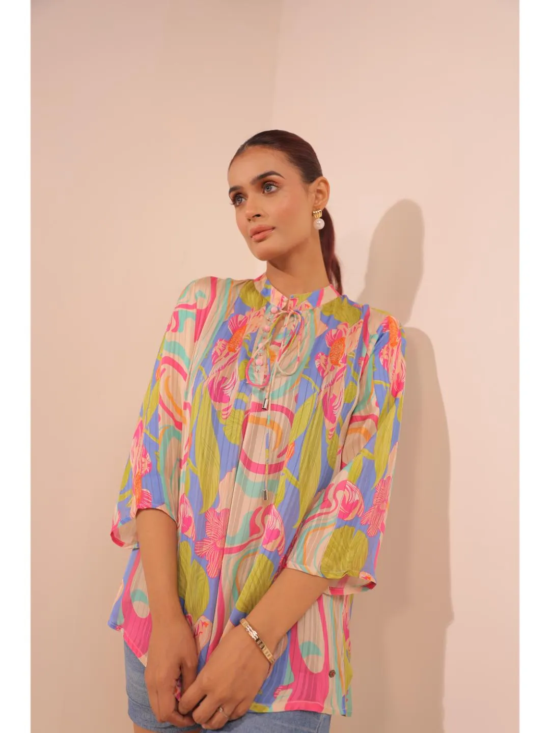 cheerful  viscose dobby stripped abstact printed mandarin collar string, A-Line hand embellished top with three-forth sleeve. - Multi