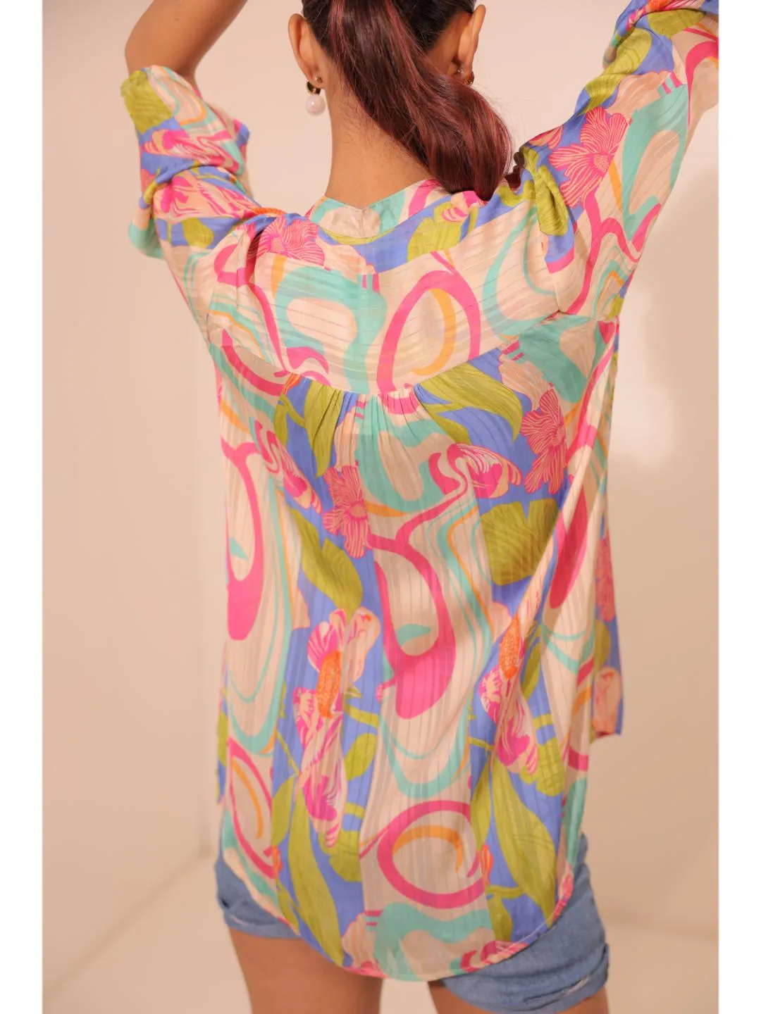 cheerful  viscose dobby stripped abstact printed mandarin collar string, A-Line hand embellished top with three-forth sleeve. - Multi