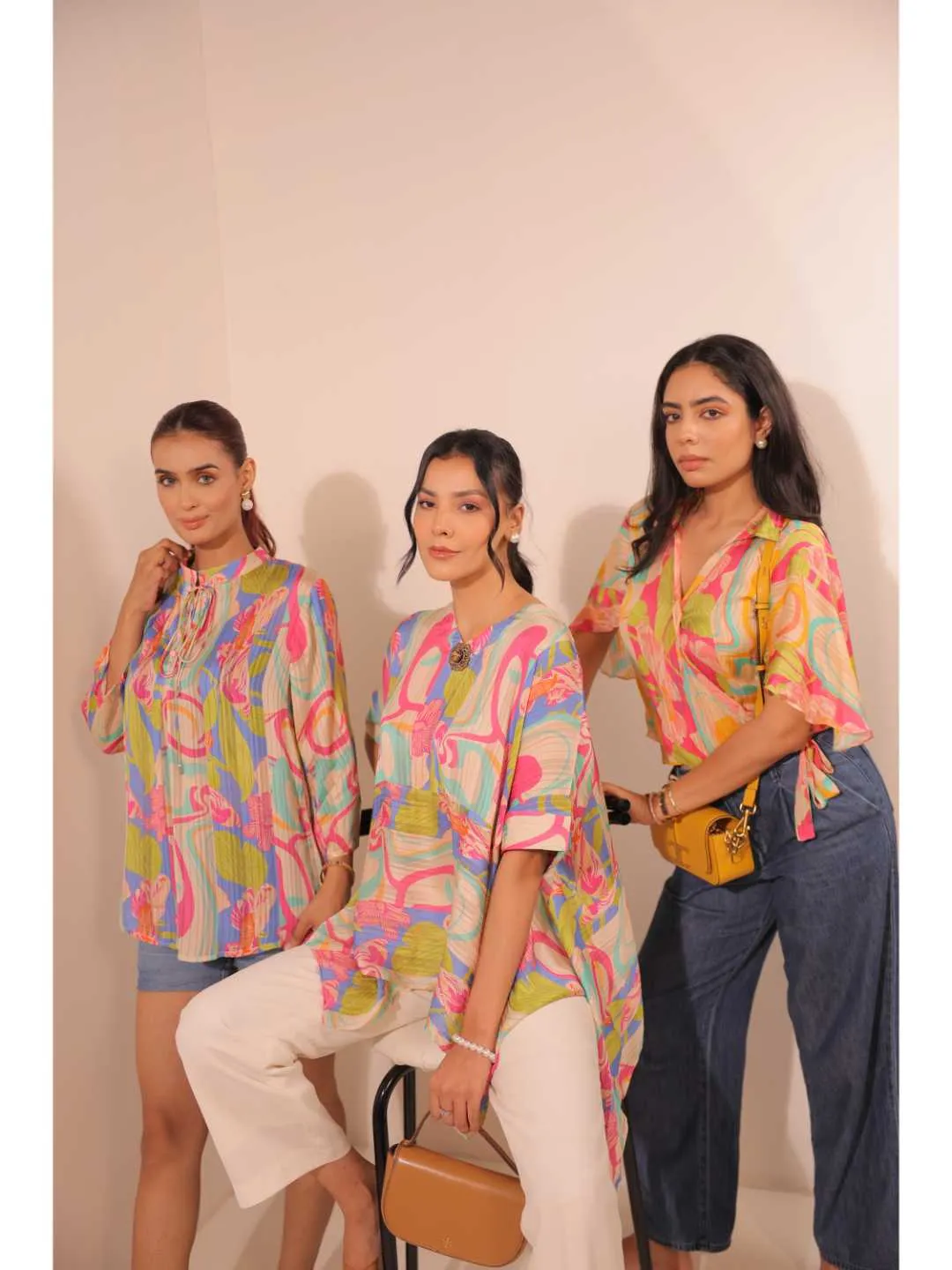 cheerful  viscose dobby stripped abstact printed mandarin collar string, A-Line hand embellished top with three-forth sleeve. - Multi