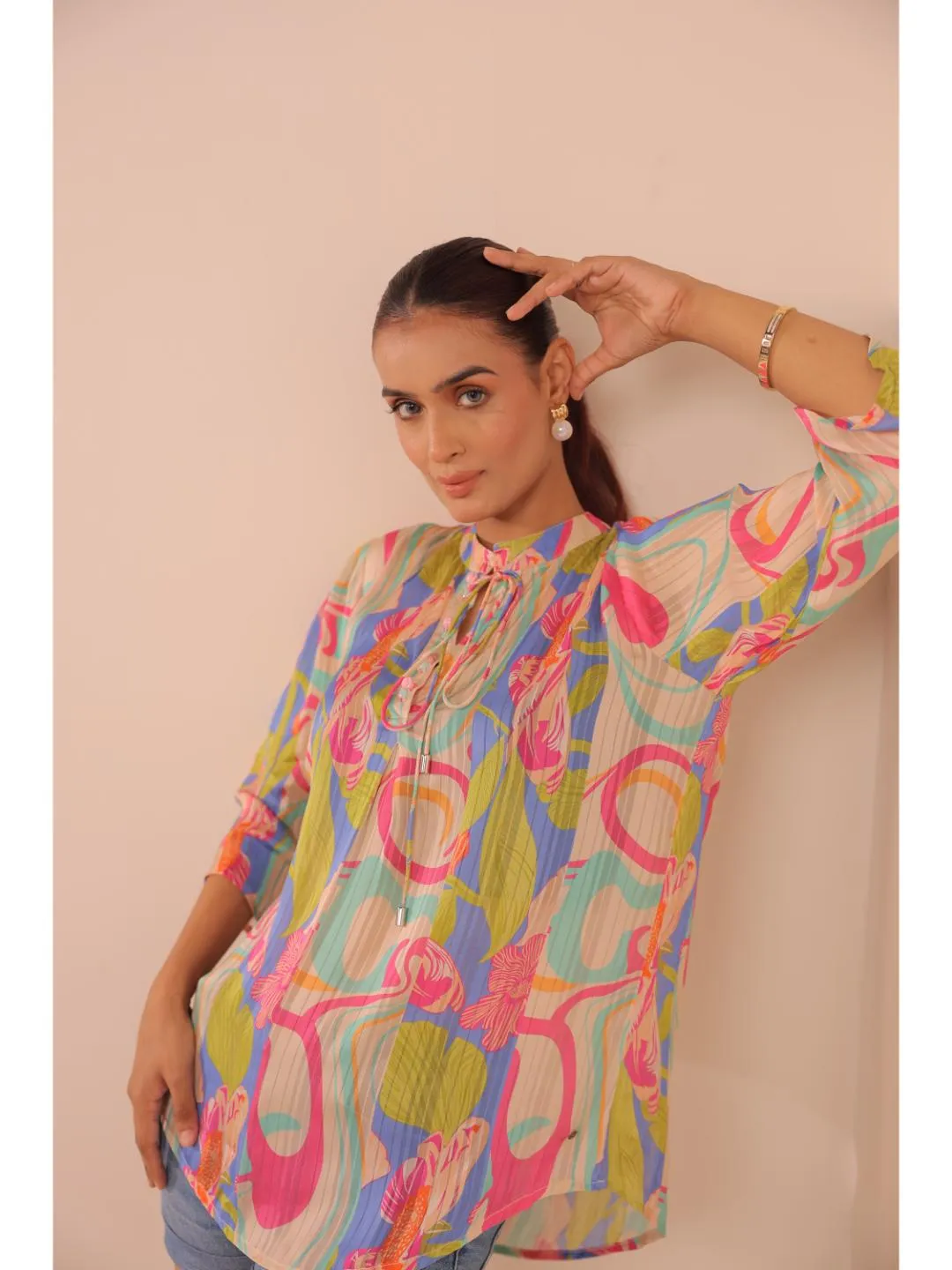 cheerful  viscose dobby stripped abstact printed mandarin collar string, A-Line hand embellished top with three-forth sleeve. - Multi