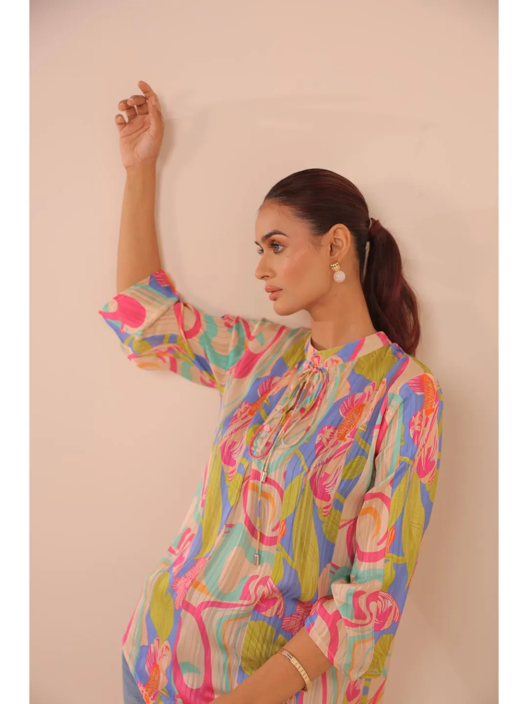 cheerful  viscose dobby stripped abstact printed mandarin collar string, A-Line hand embellished top with three-forth sleeve. - Multi