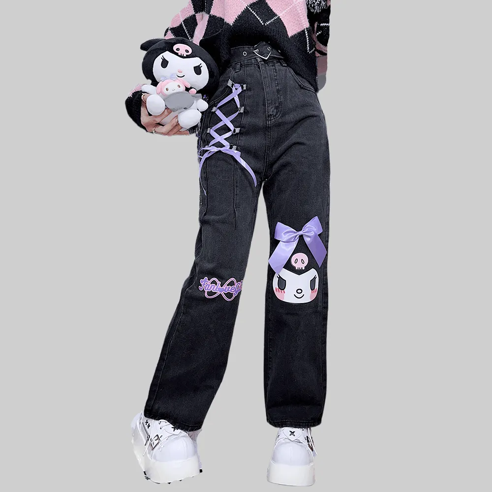 Cute Japanese Harajuku Style Kuromi Printed Jeans