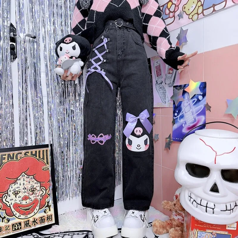 Cute Japanese Harajuku Style Kuromi Printed Jeans