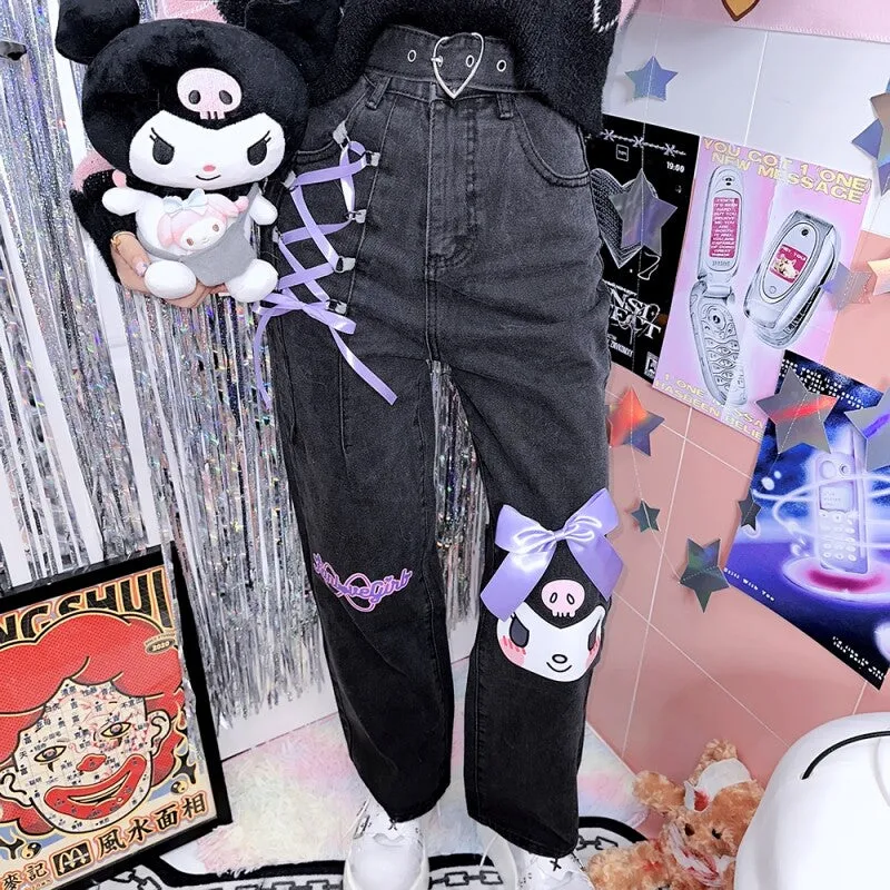 Cute Japanese Harajuku Style Kuromi Printed Jeans