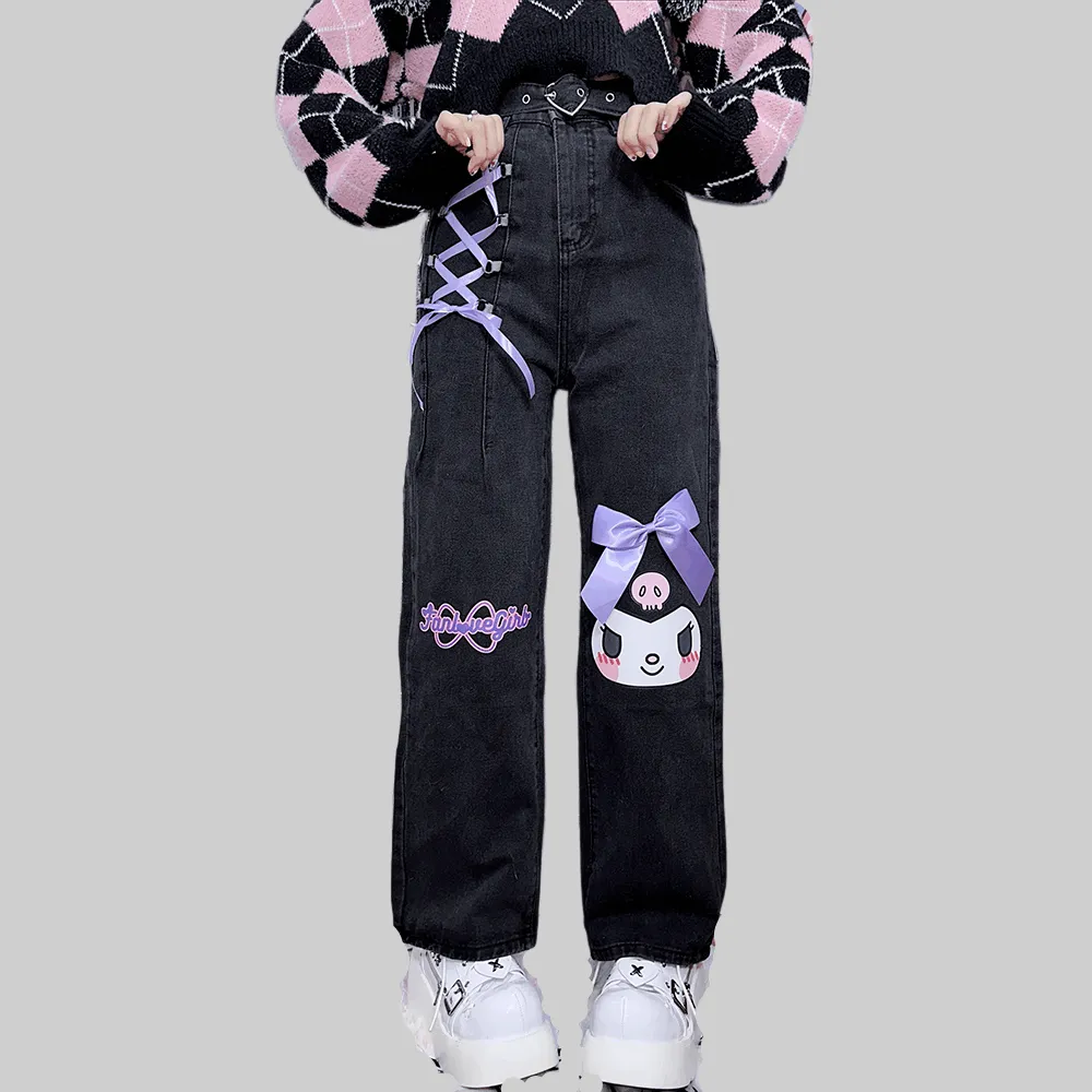Cute Japanese Harajuku Style Kuromi Printed Jeans