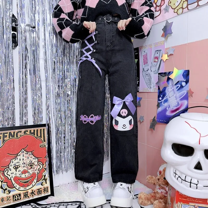 Cute Japanese Harajuku Style Kuromi Printed Jeans