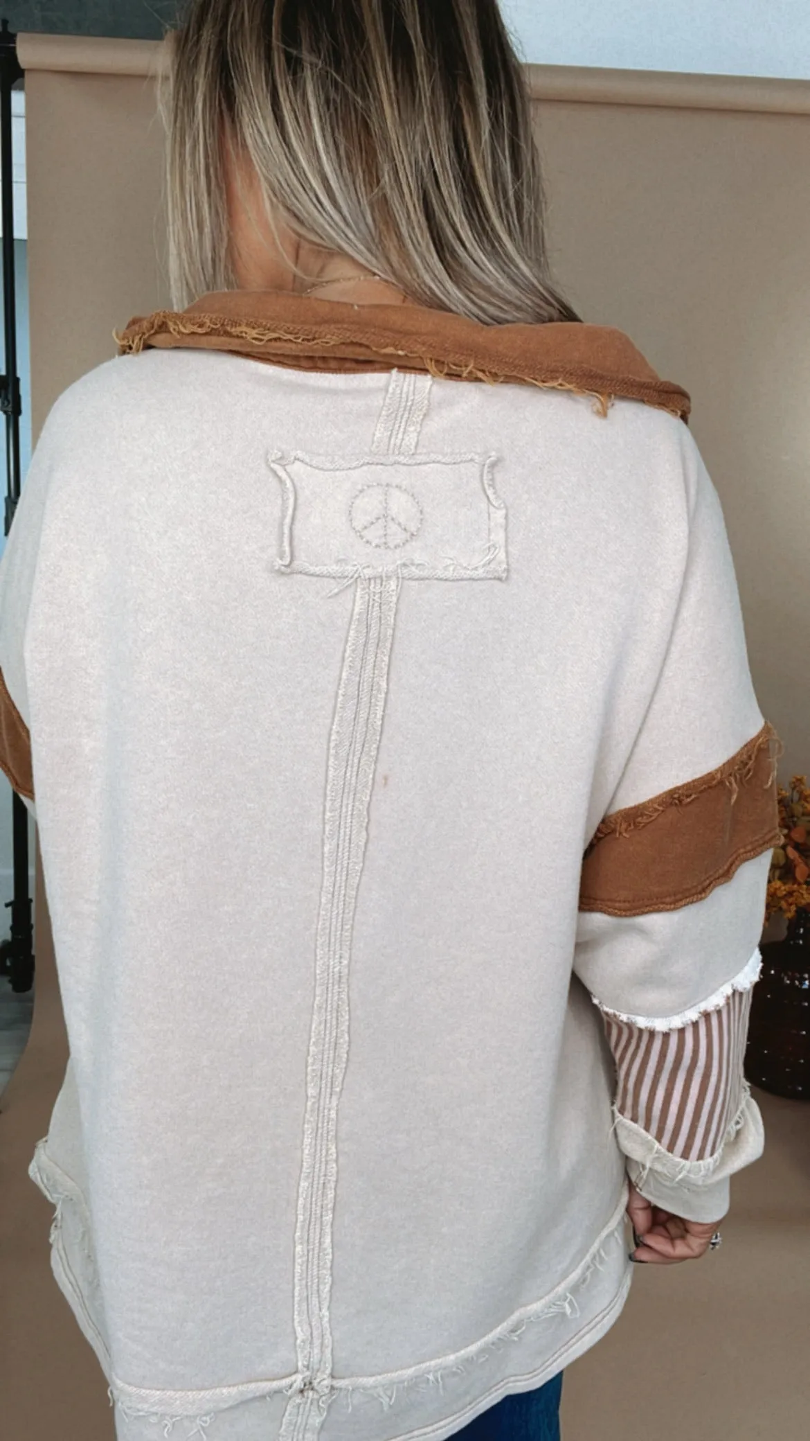 Day To Day Distressed Oversized Collared Sweatshirt, Taupe