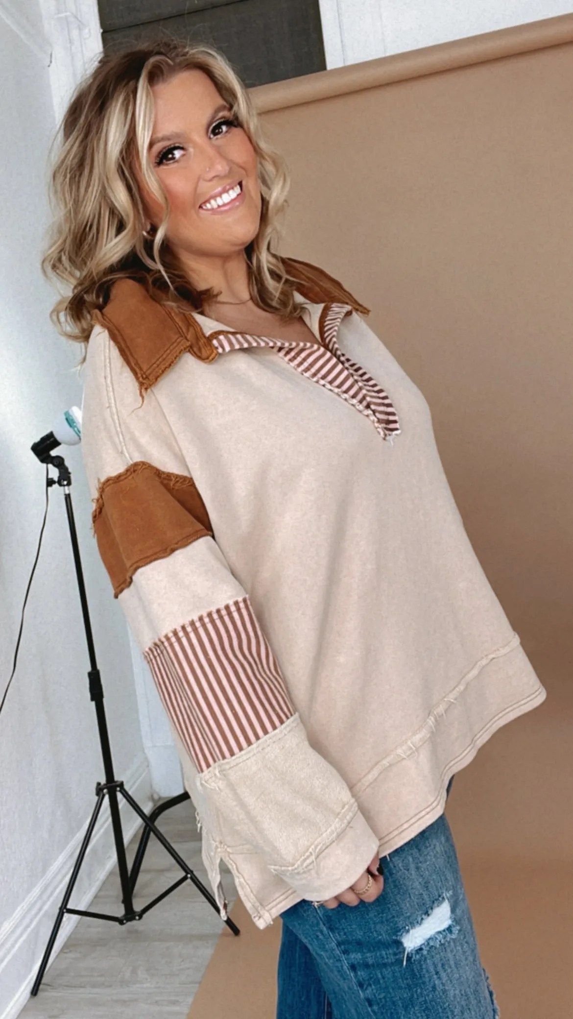 Day To Day Distressed Oversized Collared Sweatshirt, Taupe