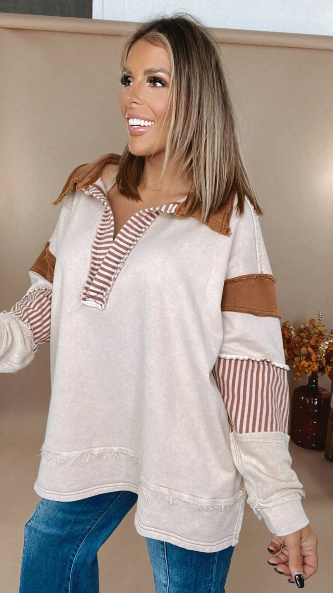 Day To Day Distressed Oversized Collared Sweatshirt, Taupe