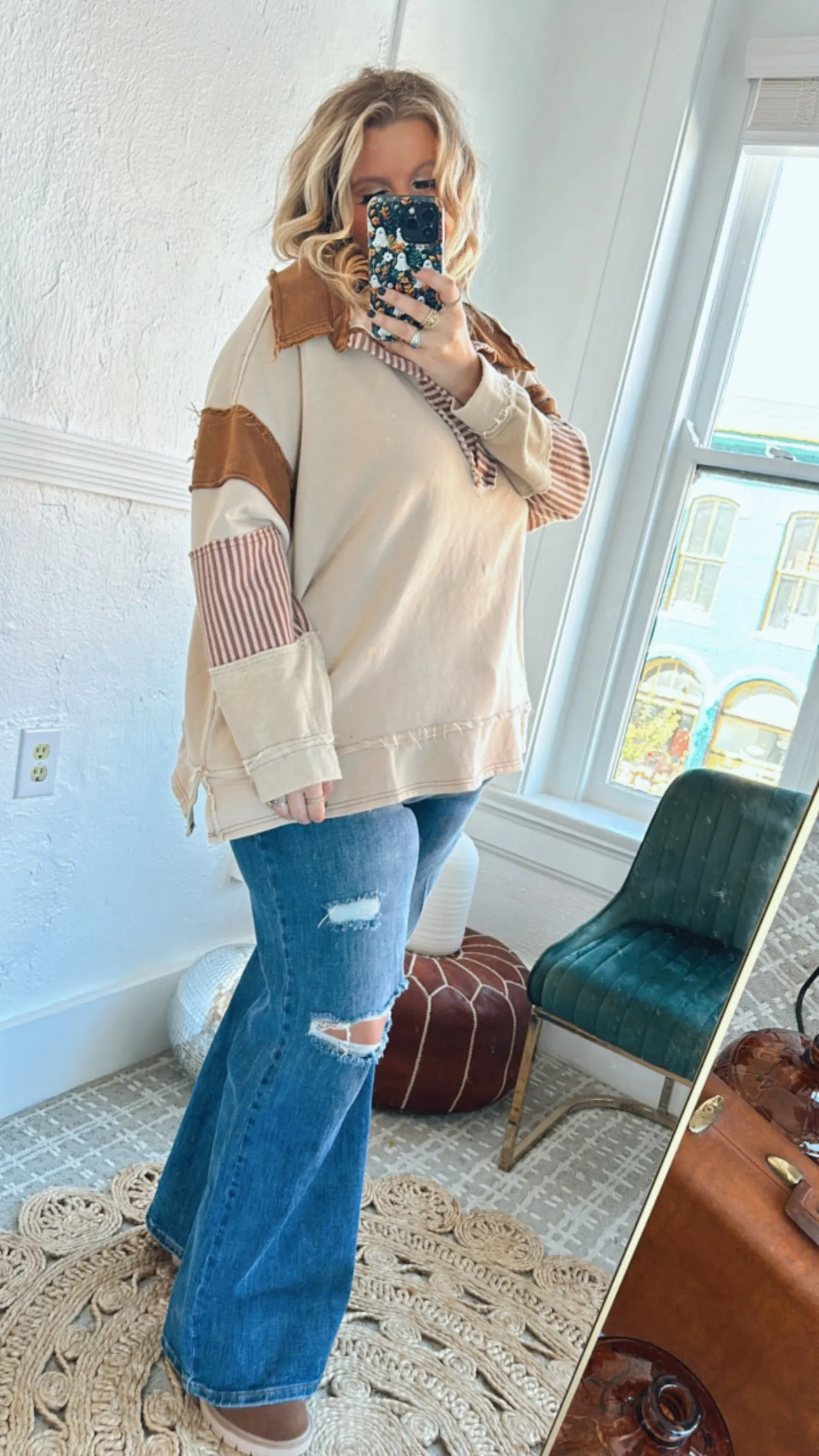Day To Day Distressed Oversized Collared Sweatshirt, Taupe