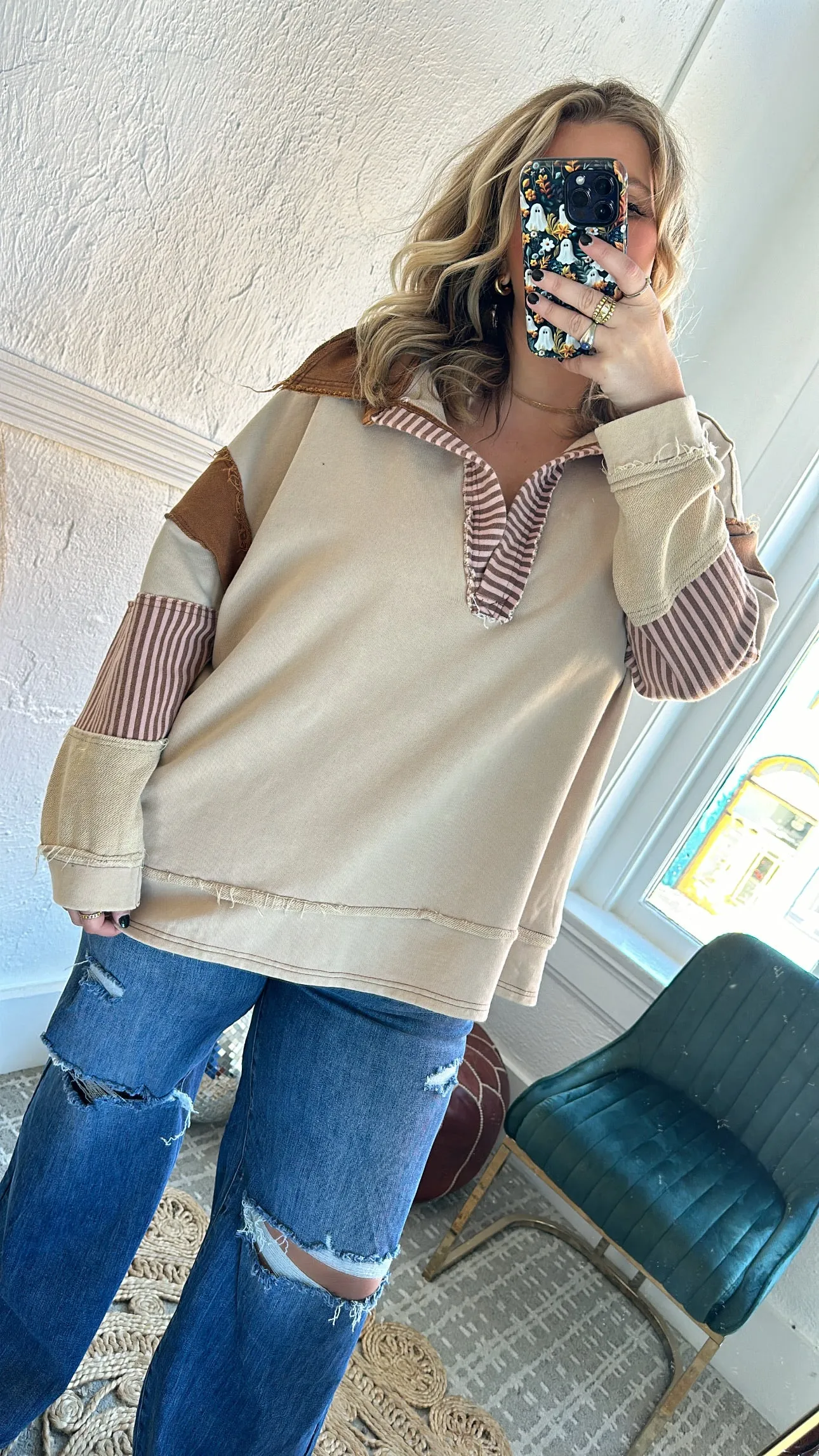 Day To Day Distressed Oversized Collared Sweatshirt, Taupe