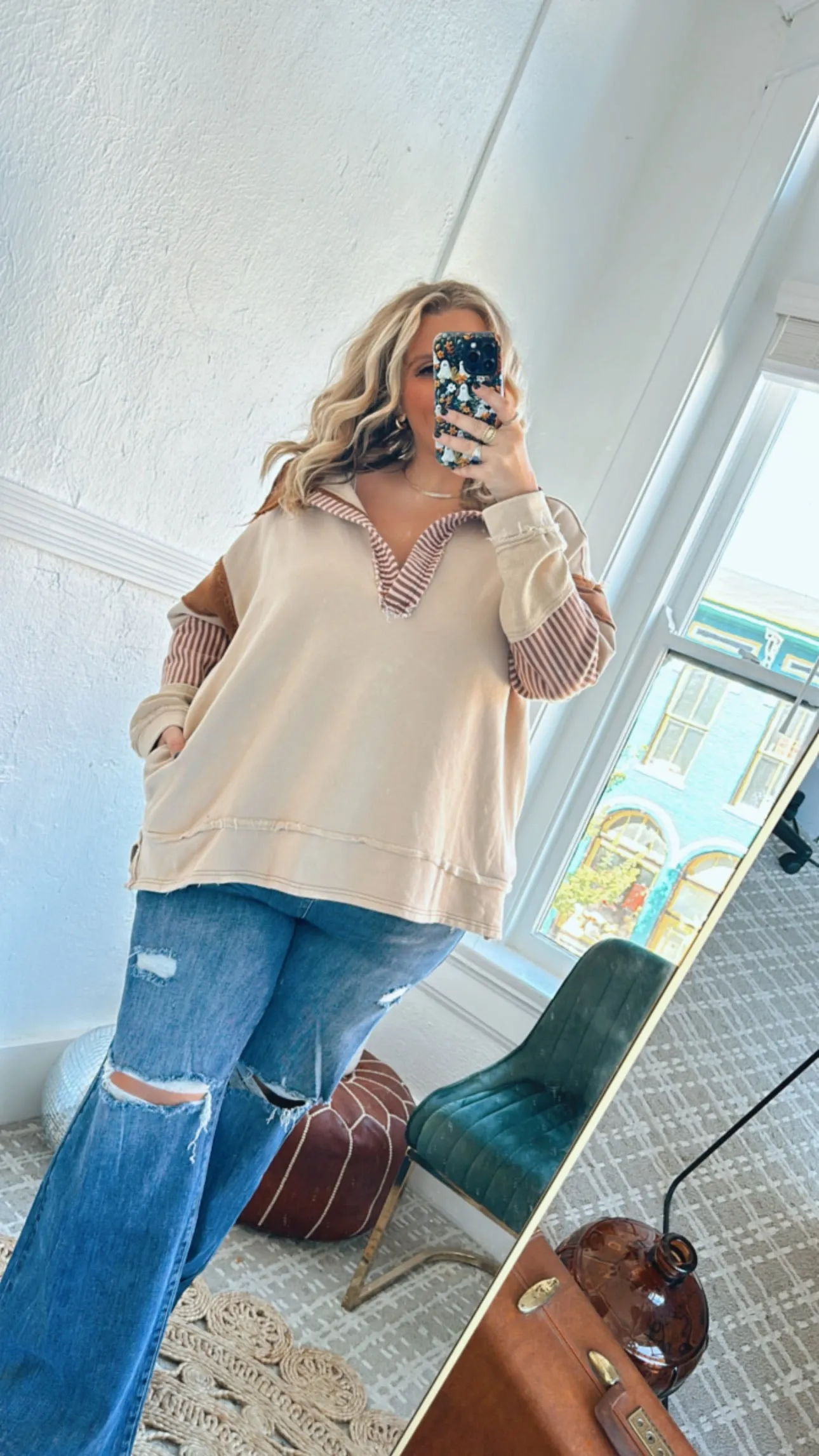 Day To Day Distressed Oversized Collared Sweatshirt, Taupe