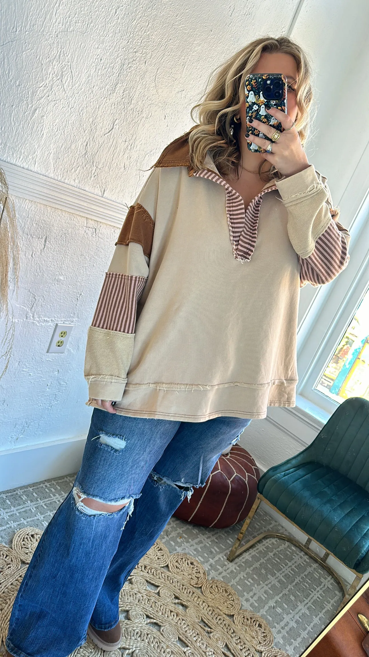 Day To Day Distressed Oversized Collared Sweatshirt, Taupe