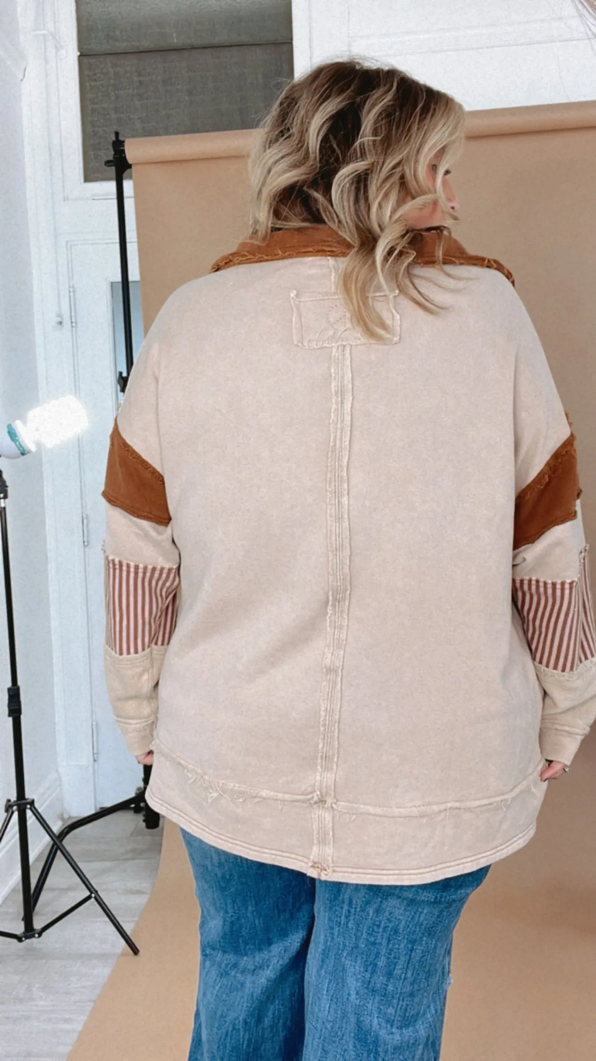 Day To Day Distressed Oversized Collared Sweatshirt, Taupe