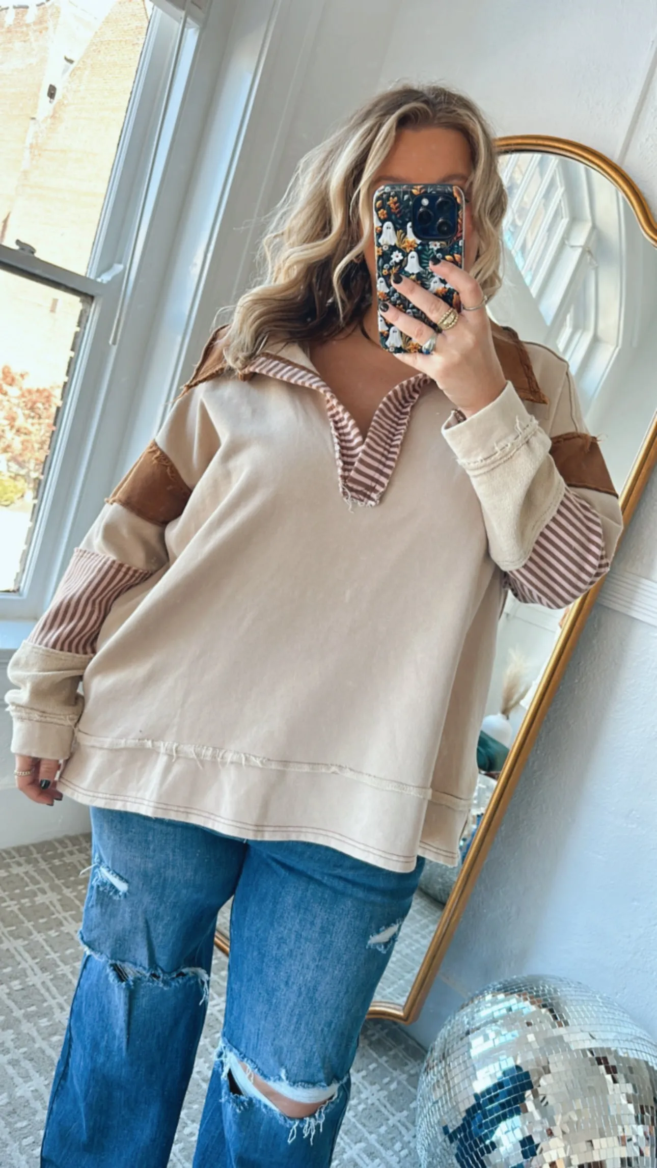Day To Day Distressed Oversized Collared Sweatshirt, Taupe